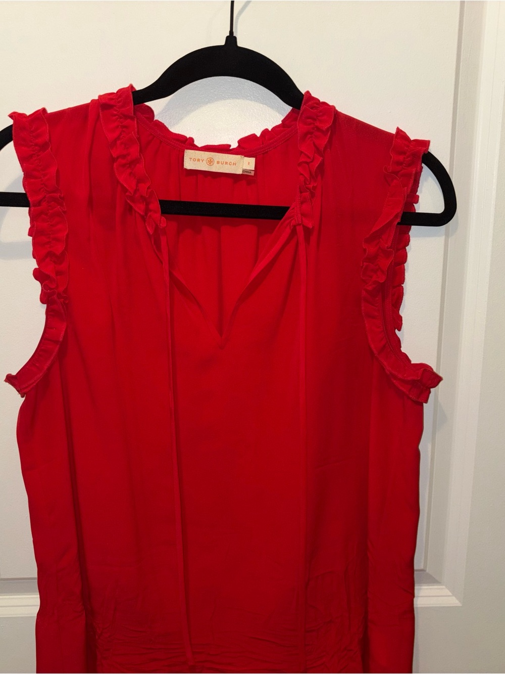 Tory Burch Bright Red Ruffle-Trim Sleeveless Shell